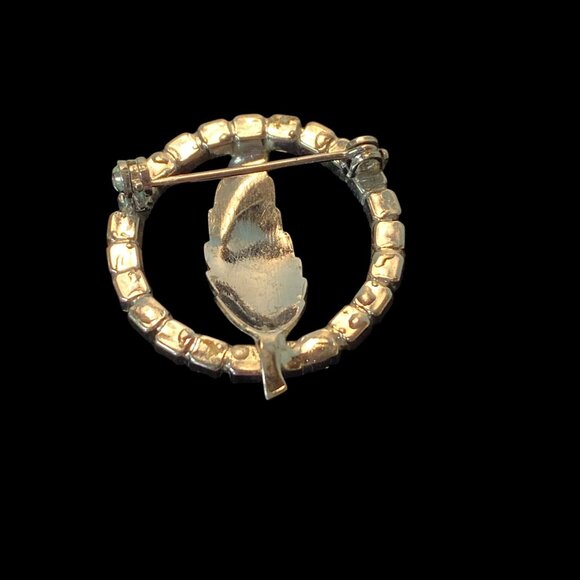 Vintage Aurora Borealis Rhinestone Circle Pin With Silver-Toned Feather Design - Picture 6 of 10